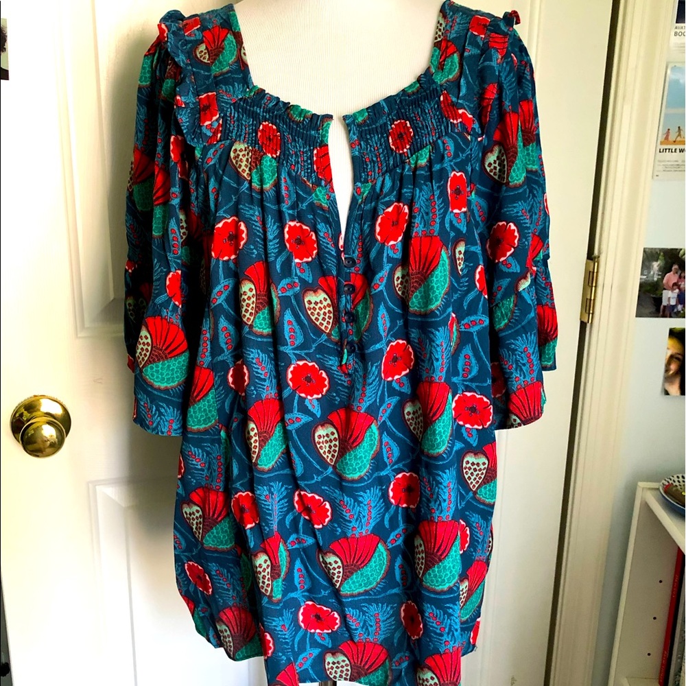 Anthropologie Maeve blue floral blouse sz L